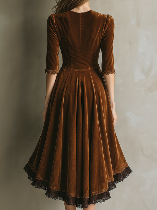 Vintage Three-Quarter Sleeves Lace Velvet Midi Dress