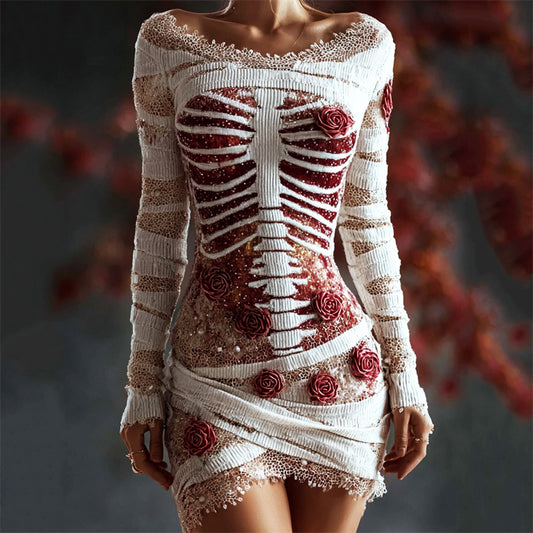 Halloween Bloody Red Roses Rib Cage Lace Comfy Mini Dress