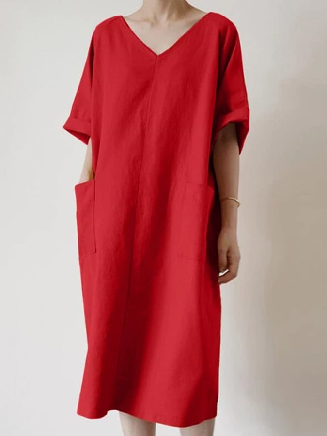 Women's Casual Retro V-Neck Large Pocket Cotton and Linen Dress