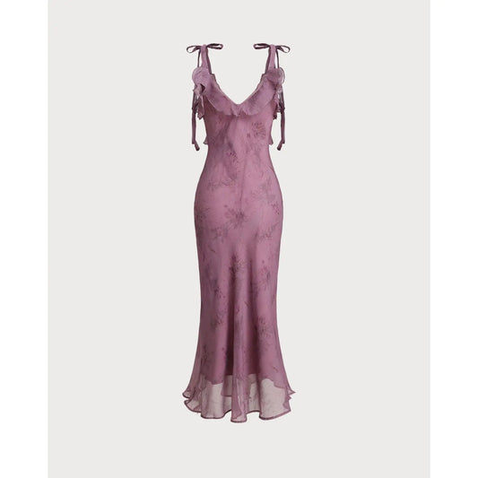 Rihoas Women's Waisted Purple Floral Ruffle Spaghetti Strap Sleeveless Polyester Fabric Midi Slip Dress