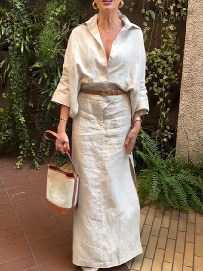 Women's Casual Cotton and Linen Shirt Skirt Suit