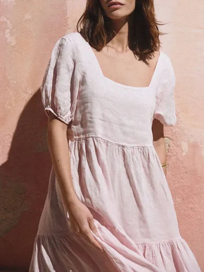 Women's Casual Solid Color Square Neck Short Sleeve Splicing Dress