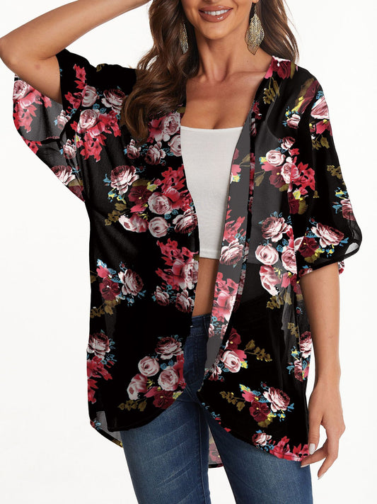 Women's Lightweight Chiffon Kimono Cardigan – Printed Sun Protection Cover-Up for Mature Style