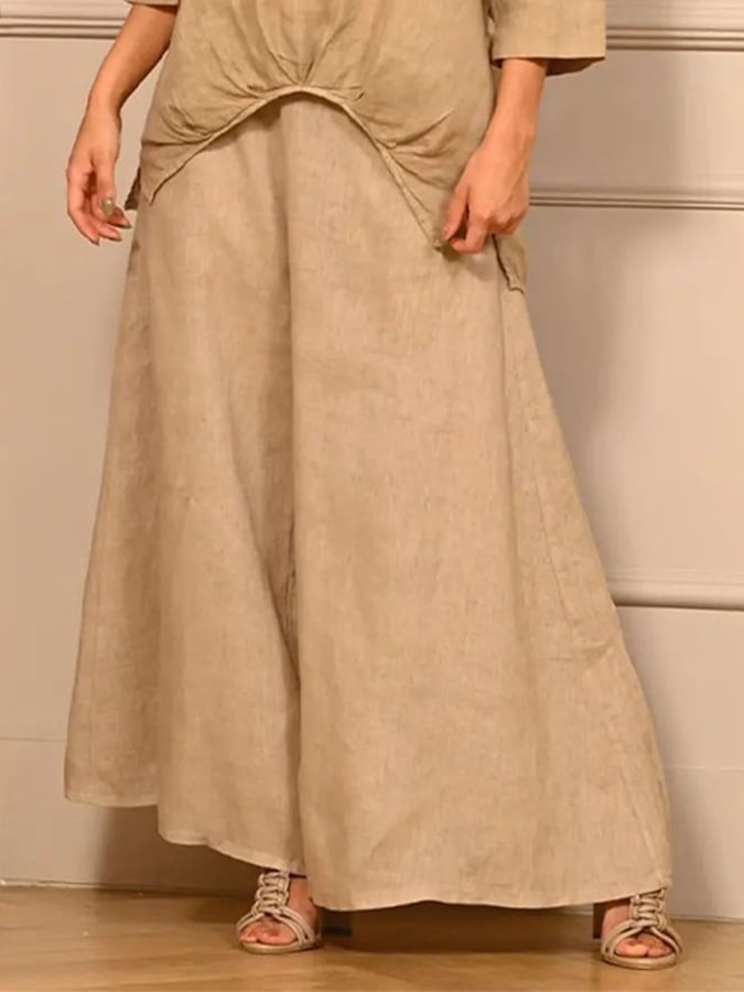 Women's Casual Solid Color Lace Splicing 7-point Sleeve V-neck Pleated T + Wide-leg Pants Set