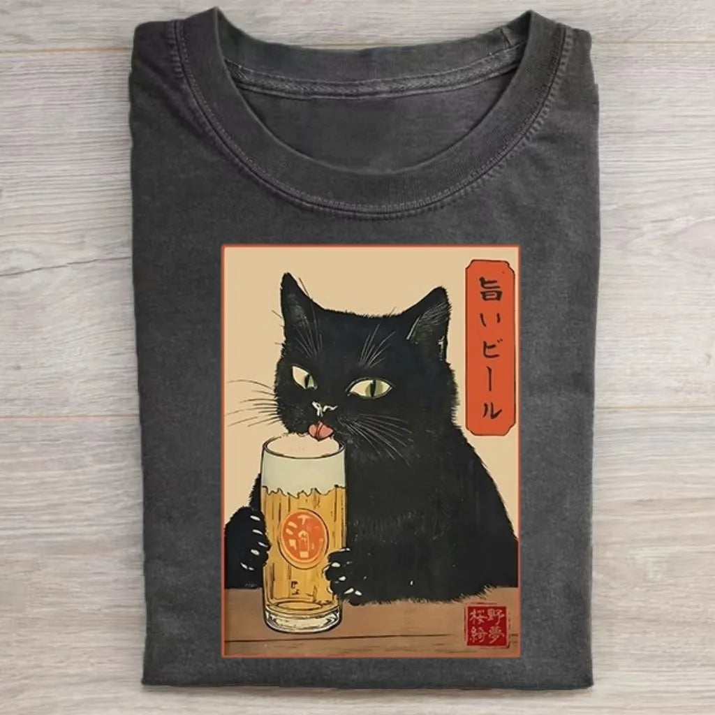Ukiyo-e Black Cat Beer T-shirt