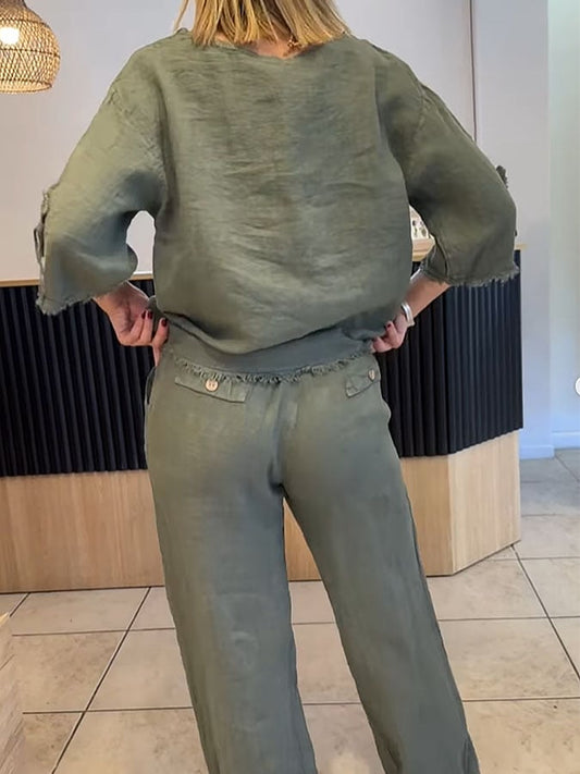 Women's Casual Solid Color Round Neck Mid Sleeve Long Pants Cotton and Linen Two-piece Set