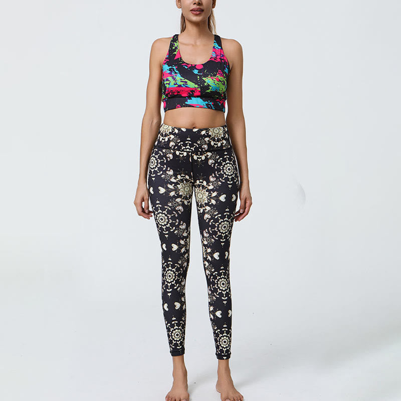 Flowers Geometric Mandalas Print Sports Fitness Yoga High Waist Leggings Women's Pants