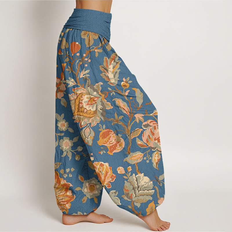Cotton Casual Blooming Flowers Buds Design Women's Elastic Waist Harem Pants