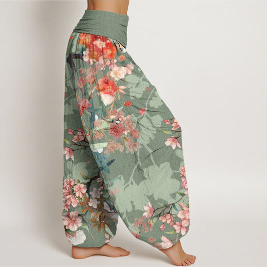 Cotton Red Pink Blooming Flowers Lush Branches Women's Elastic Waist Harem Pants