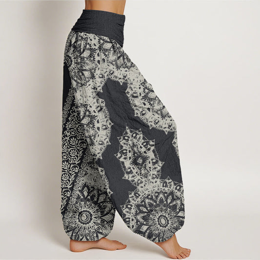 Cotton Mandala Pattern Parallel Flowers Women's Elastic Waist Harem Pants