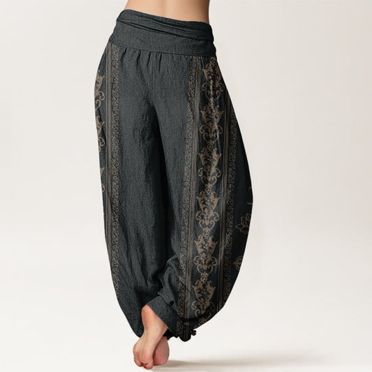 Cotton Lotus Flowers Double Dorje Vajra Namaste Om Design Women's Elastic Waist Harem Pants