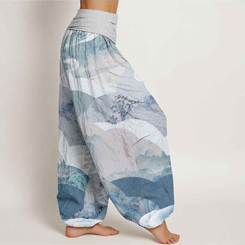 Cotton Chinese Landscape Mountains Rivers Mist Design Women's Elastic Waist Harem Pants