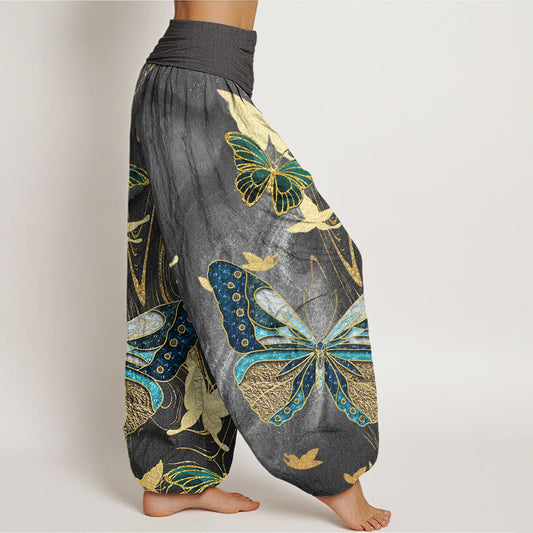 Cotton Casual Butterfly Gold Line Pattern Women's Elastic Waist Harem Pants