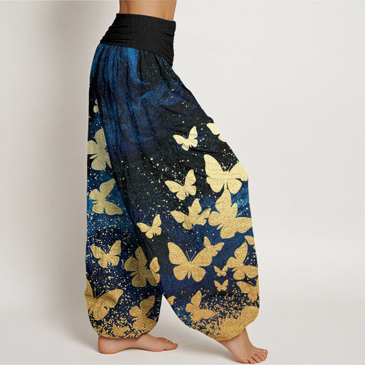 Cotton Casual Golden Butterfly Pattern Women's Elastic Waist Harem Pants