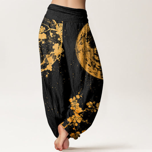 Cotton Golden Plum Blossom Full Moon Pattern Women's Elastic Waist Harem Pants