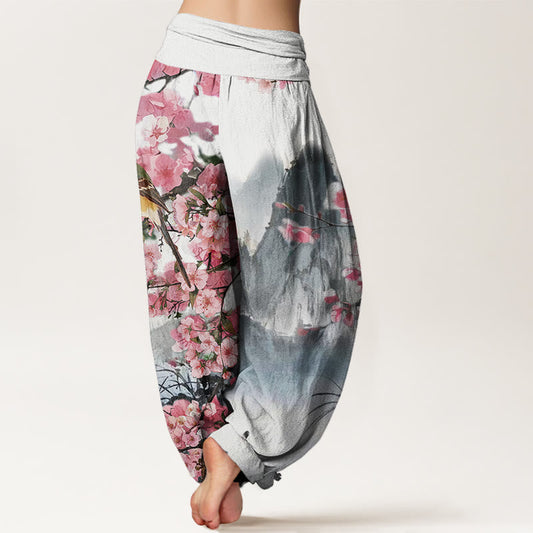 Cotton Bird Cherry Blossom Mountains Pattern Women's Elastic Waist Harem Pants