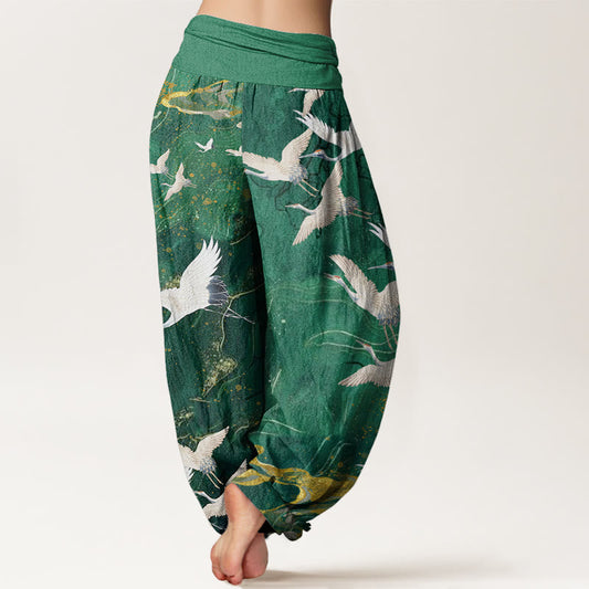 Cotton Flying White Cranes Auspicious Clouds Design Women's Elastic Waist Harem Pants