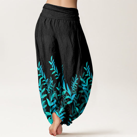 Cotton Casual Leaves Pattern Women's Elastic Waist Harem Pants