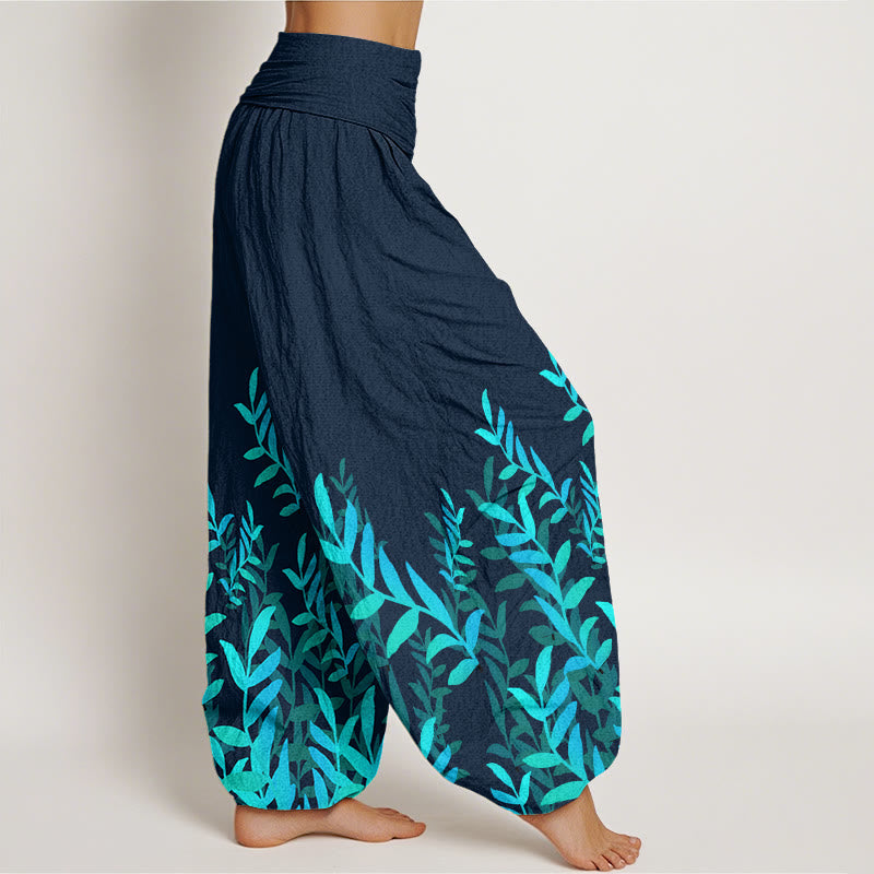 Cotton Casual Leaves Pattern Women's Elastic Waist Harem Pants
