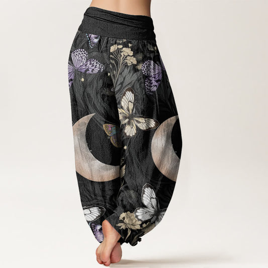 Cotton Butterfly Flowers Crescent Moon Pattern Design Women's Elastic Waist Harem Pants