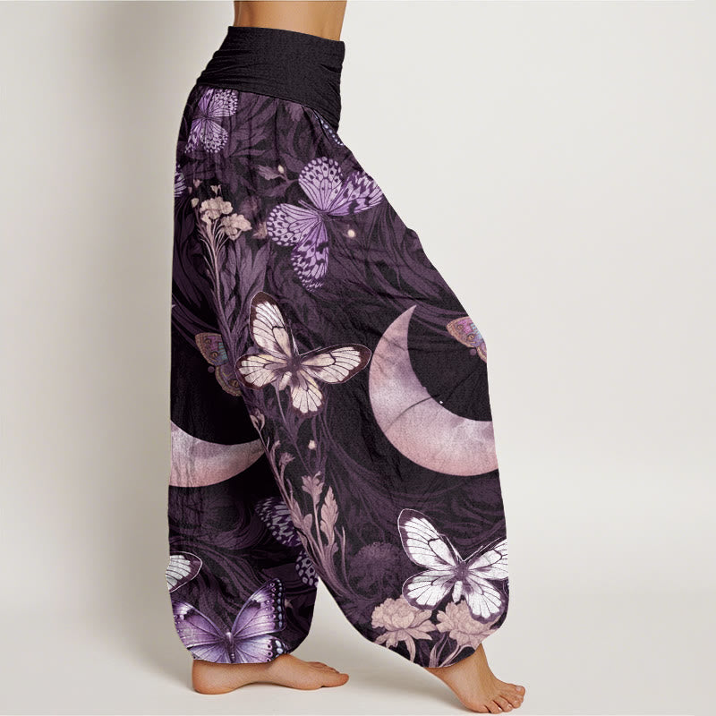 Cotton Butterfly Flowers Crescent Moon Pattern Design Women's Elastic Waist Harem Pants