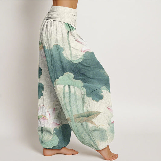 Cotton Casual Lotus Petal Pods Pattern Women's Elastic Waist Harem Pants