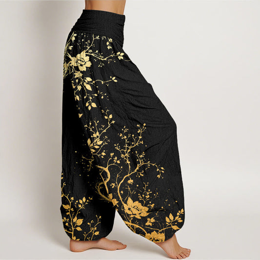 Cotton Casual Dragon Flower Leaf Pattern Women's Elastic Waist Harem Pants