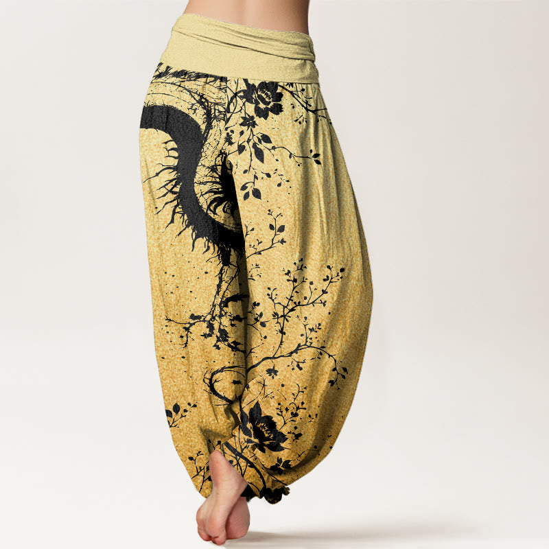 Cotton Casual Dragon Flower Leaf Pattern Women's Elastic Waist Harem Pants