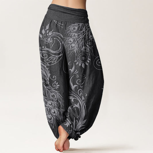 Pure Cotton Casual Peacock Design Women's Elastic Waist Harem Pants