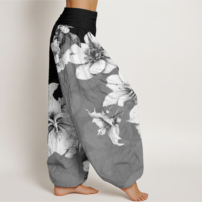Pure Cotton Camellia Pattern Women's Elastic Waist Harem Pants