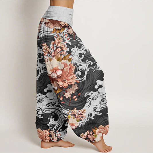 Cotton Casual Wave And Floral Pattern Women's Elastic Waist Harem Pants