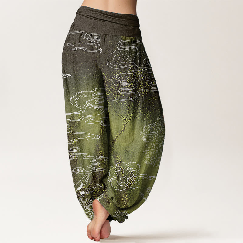 Pure Cotton White Auspicious Clouds Birds Tree Pattern Women's Elastic Waist Harem Pants