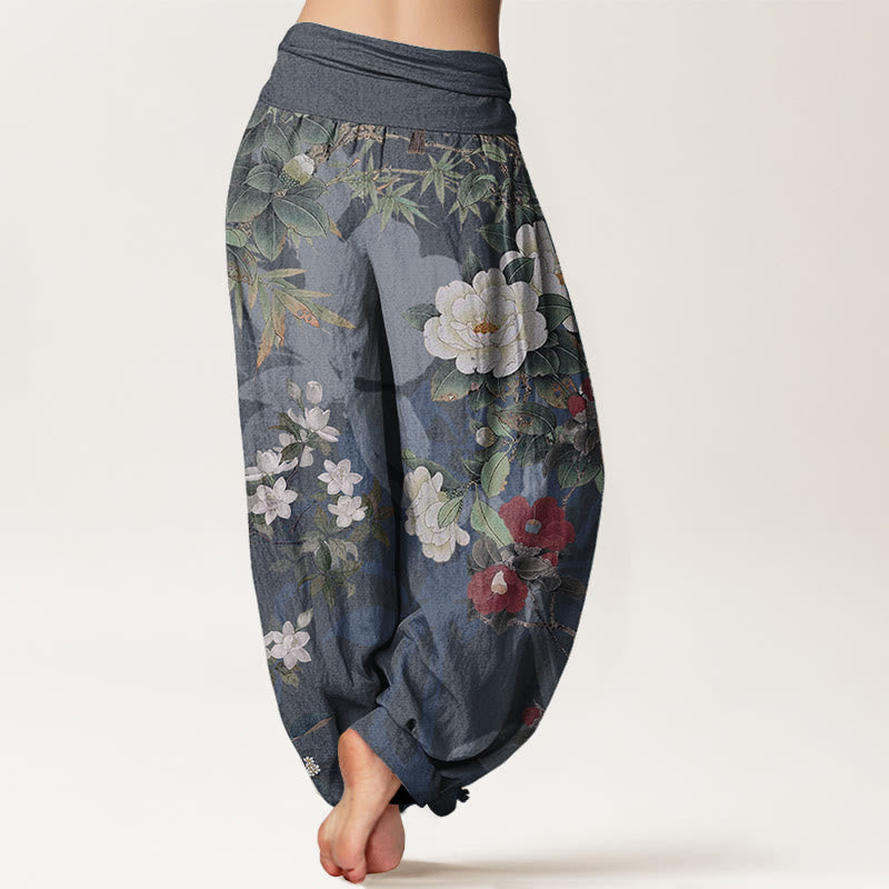 Pure Cotton Casual Peony Flowers Leaves Magpie Women's Elastic Waist Harem Pants