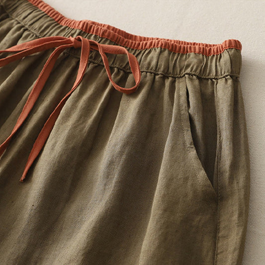 Casual Colorblock Drawstring Women's Cotton Wide Leg Pants With Pockets