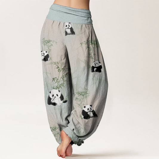 Pure Cotton Panda Bamboo Pattern Women's Elastic Waist Harem Pants