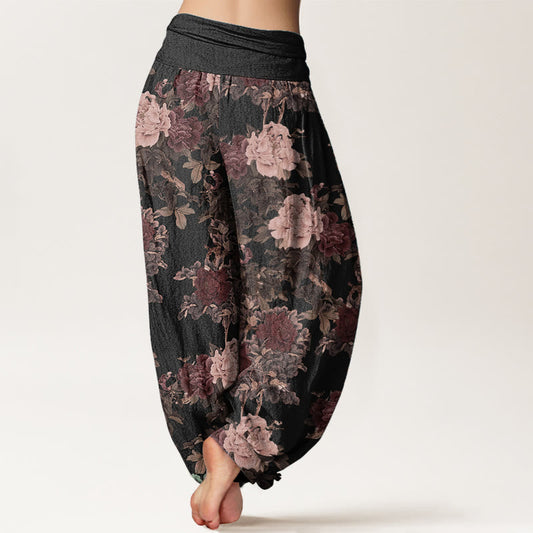 Pure Cotton Casual Lush Peony Flowers Leaf Pattern Women's Elastic Waist Harem Pants