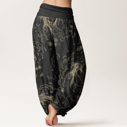 Pure Cotton Casual Koi Fish Waves And Petal Line Pattern Women's Elastic Waist Harem Pants