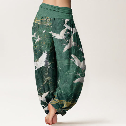Pure Cotton Flying White Cranes Auspicious Clouds Design Women's Elastic Waist Harem Pants