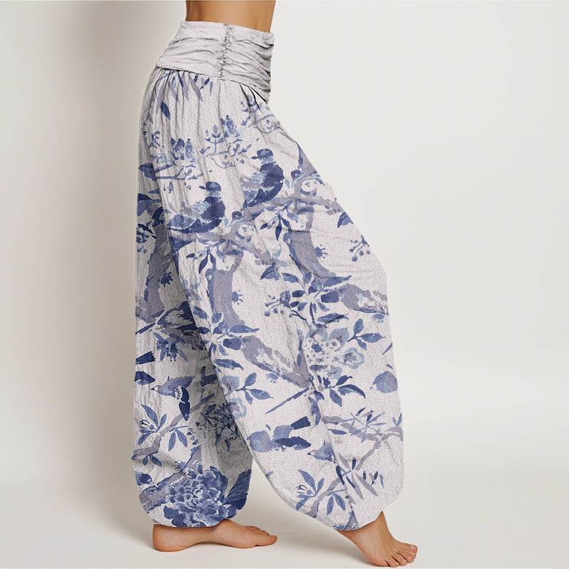 Cotton Birds Branches Flowers Pattern Women's Elastic Waist Harem Pants