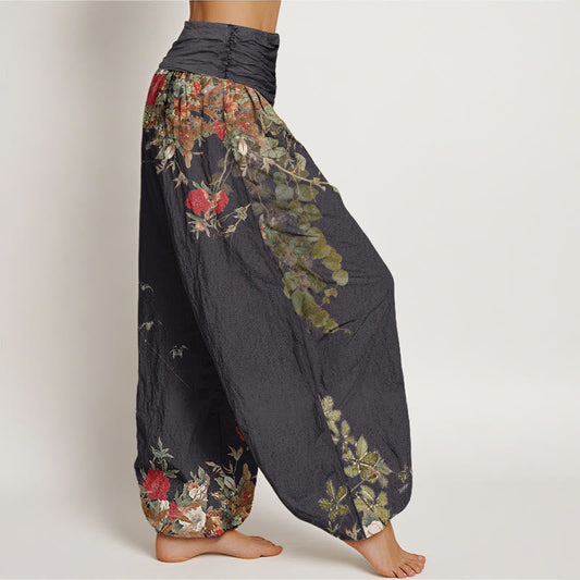 Cotton Casual Red Peony Flower Vine Design Women's Elastic Waist Harem Pants