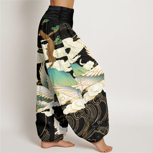 Cotton Flying Cranes Auspicious Clouds Tree women's Elastic Waist Harem Pants