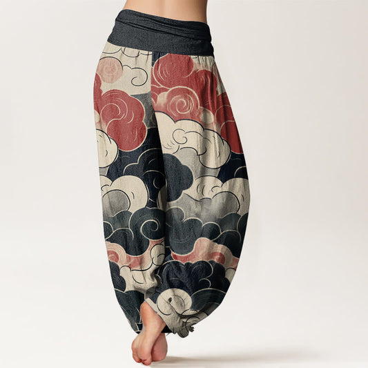 Pure Cotton Casual Auspicious Clouds Pattern Women's Elastic Waist Harem Pants