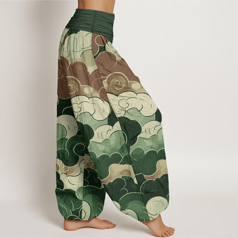 Pure Cotton Casual Auspicious Clouds Pattern Women's Elastic Waist Harem Pants