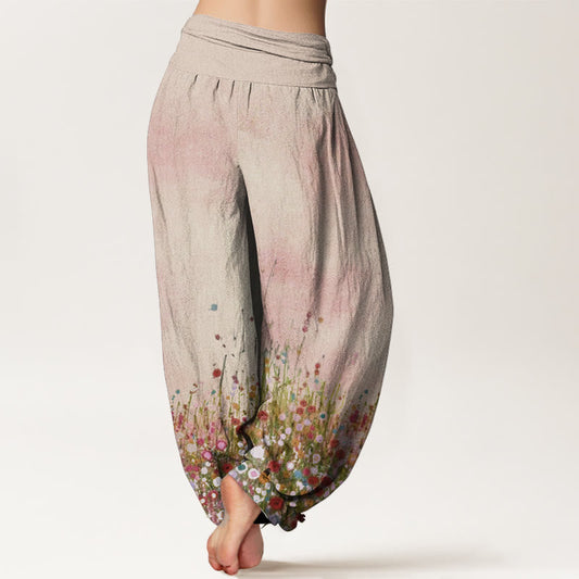 Pure Cotton Casual Colorful Wildflower Field Pattern Women's Elastic Waist Harem Pants