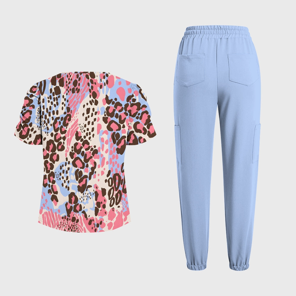 Women's Pink Watercolor Leopard Printed Scrub Set SL05