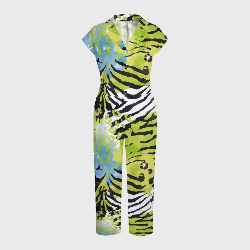 Women's Green Mixed Animal Printed Scrub Jumpsuit JL05