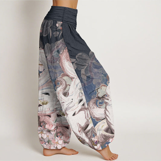 Pure Cotton Fox Cherry Blossoms Women's Elastic Waist Harem Pants