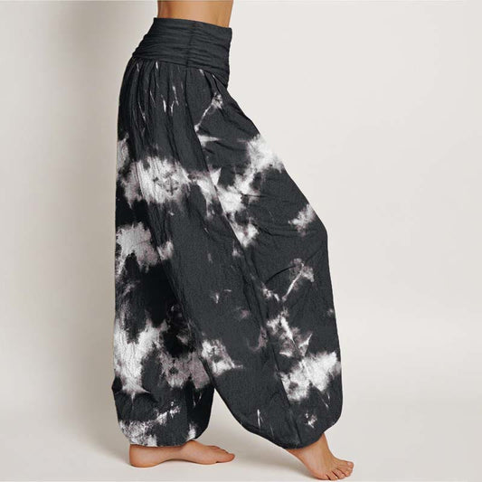 Pure Cotton White Lines Spots Tie-Dye Pattern Women's Elastic Waist Harem Pants