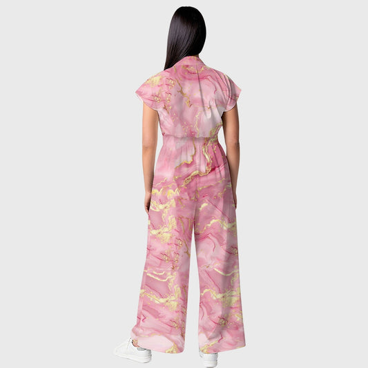Women's Wide-Leg Pink Marble Printed Scrub Jumpsuit