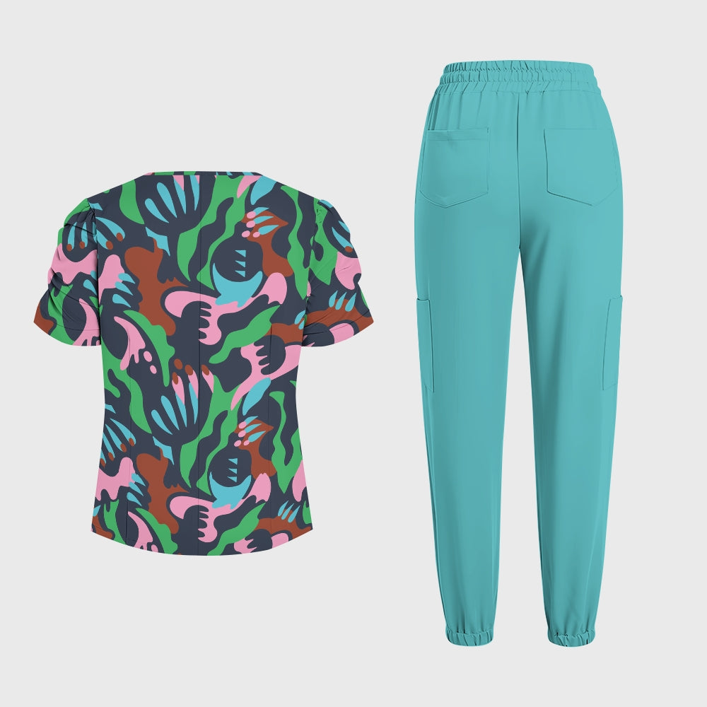 Women's Puff Sleeves Abstract Art Scrub Set SAA3